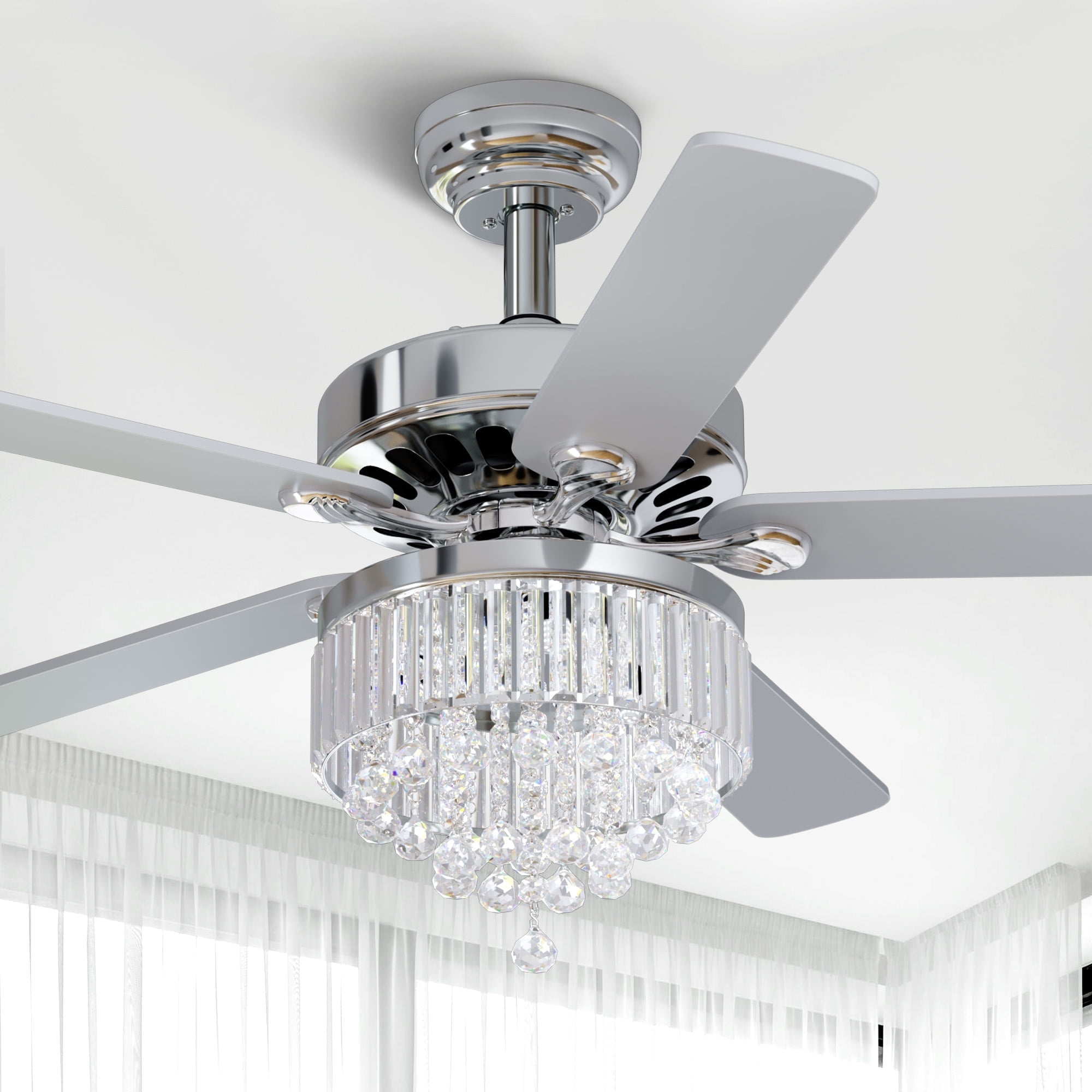 Dextrus 52'' Chandelier Ceiling Fan with Remote, Crystal Fan Light, Indoor Fan Ceiling with 3 Speed, Silent Reversible Motor, Dual-Sided Blades, Chrome