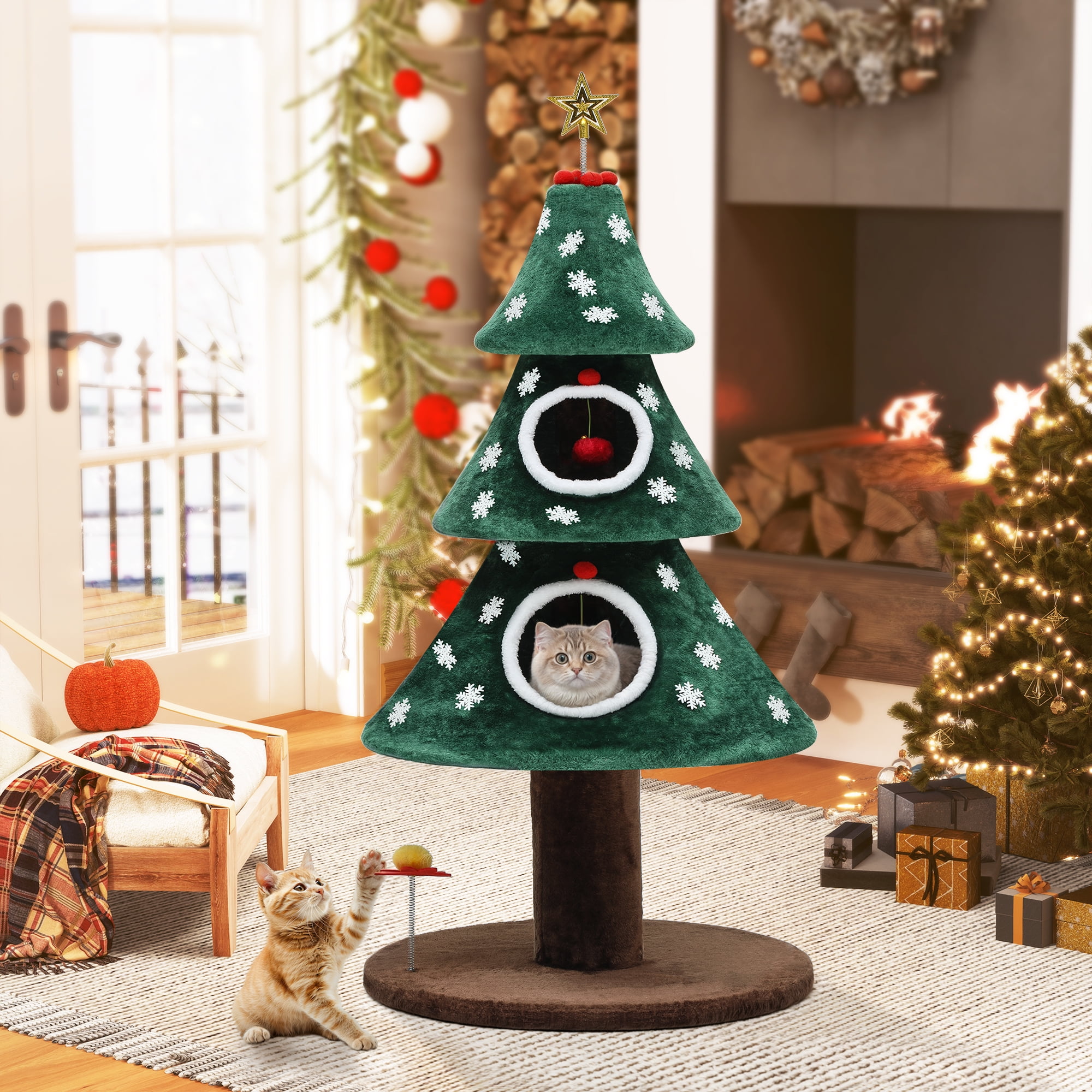 Dextrus 52" Cute Christmas Cat Tree - Festive 2-Tier Cat Tower with Cat Teaser Toy,Kittens Play Activity Center,Cat Furniture for Christmas Decoration