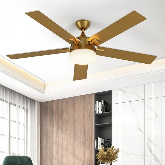 Dextrus 52-Inch 5-Blade Modern Ceiling Fan with Light, Reversible Fan with Quiet 6-Speed DC Motor, Adjustable 3-Color LED, Memory Function, and Dual Downrods (White and Gold)