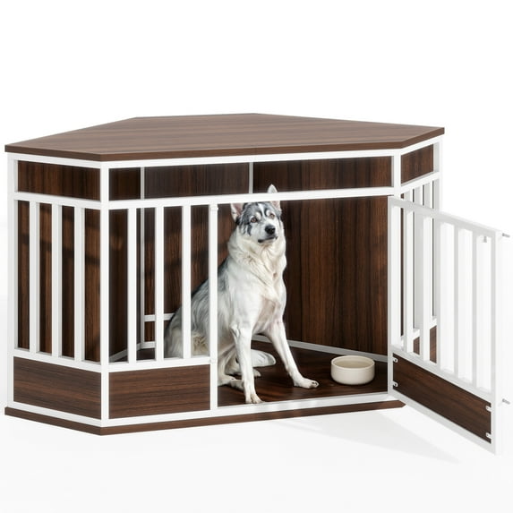 Dextrus 52 Inch Corner Dog Crate Furniture, Corner Heavy Duty Dog Kennel with Mesh Door, Wooden Dog House for Large/Medium/Small Dog