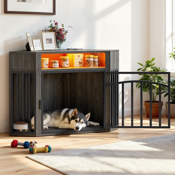 Dextrus 52 Inch Heavy Duty Corner Dog Crate Furniture, Indoor Kennel with LED Light, Power Outlets & 360 Dog Bowl, Gray