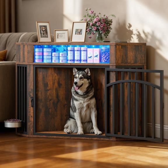 Dextrus 52 Inch Heavy Duty Corner Dog Crate Furniture, Indoor Kennel with LED Light, Power Outlets & 360 Dog Bowl, Rustic Brown