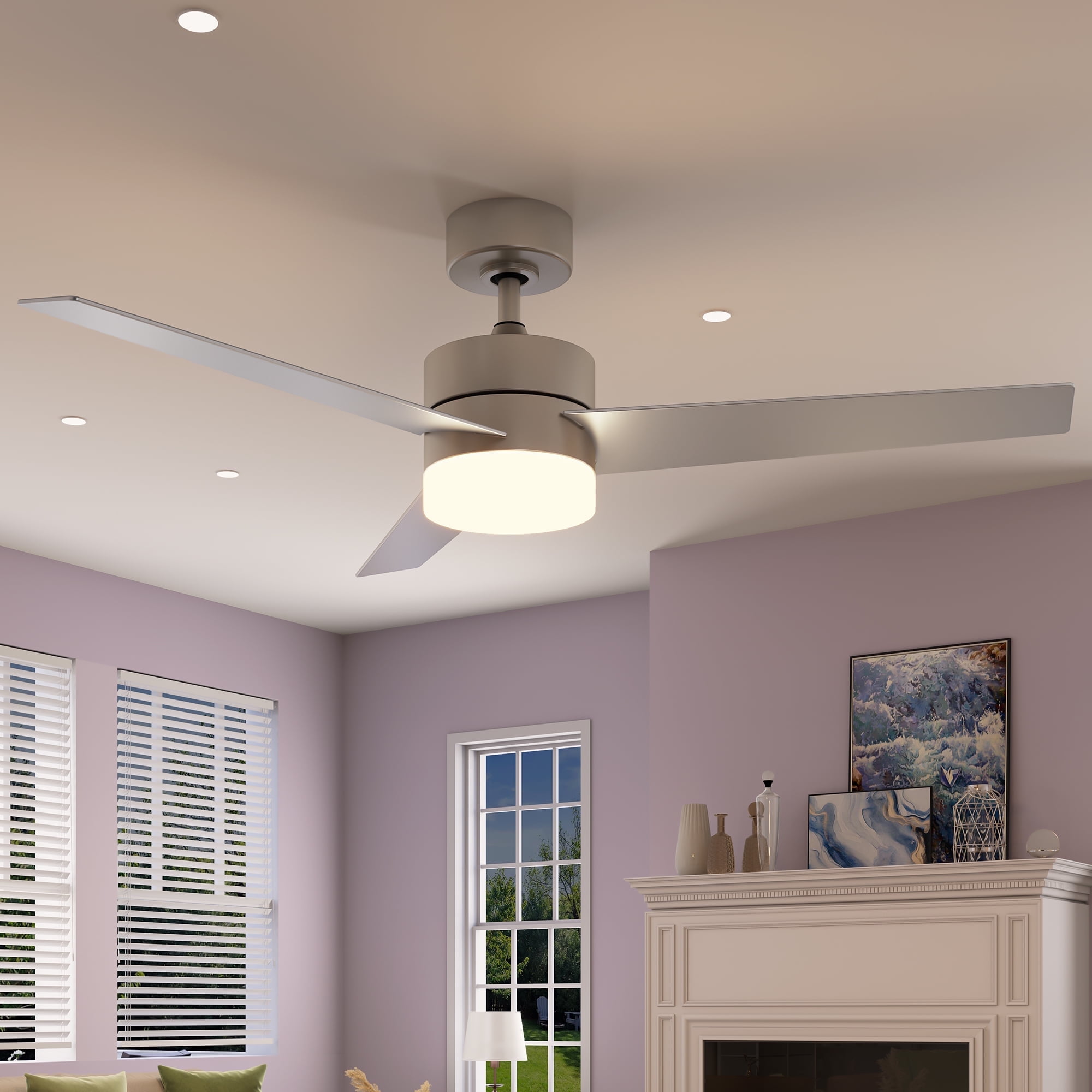DEXTRUS 52'' Silver Modern LED Flush Living Room Reversible Ceiling Fan with Light