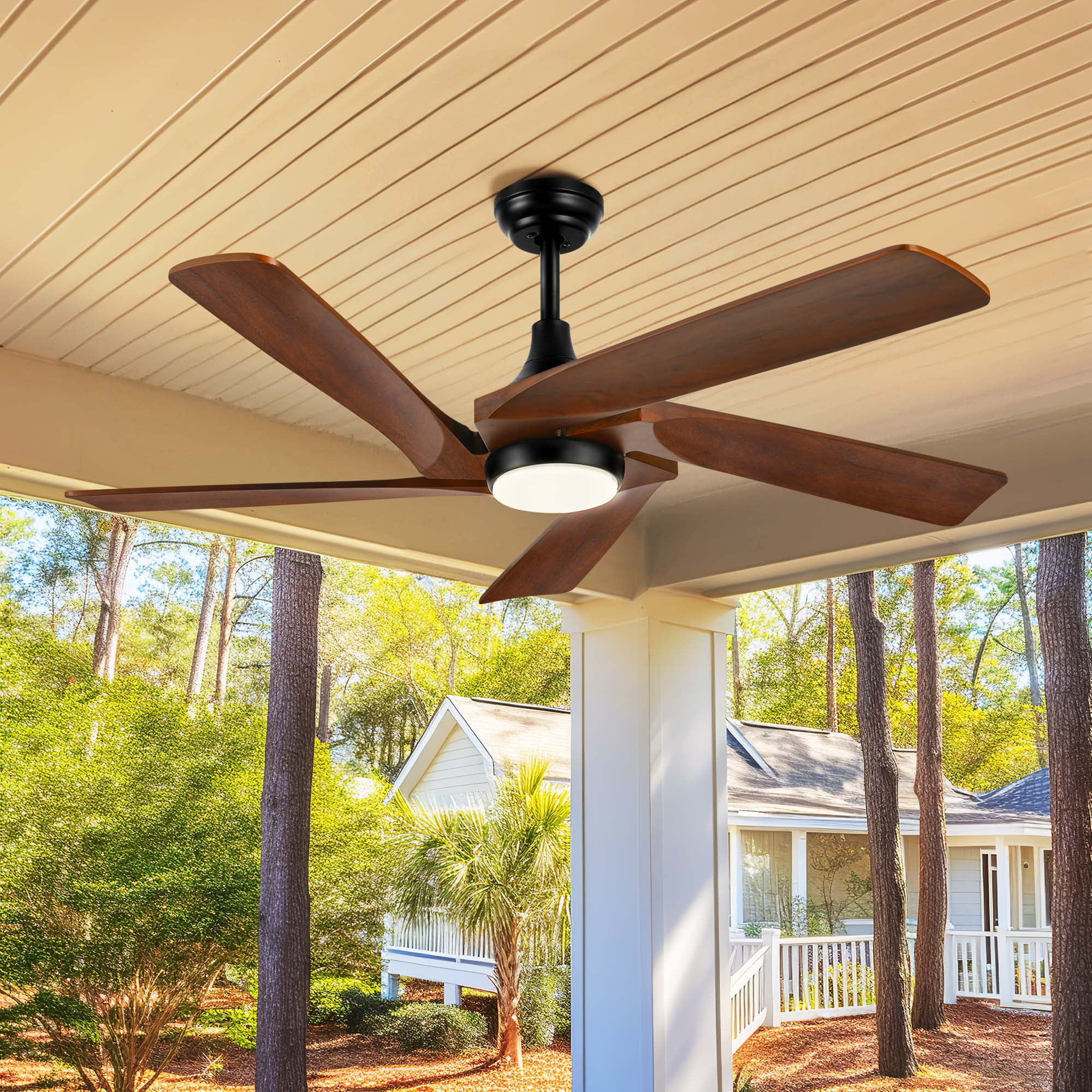 Dextrus 52'' Walnut Modern LED Downrod Indoor Reversible Ceiling Fan with Lights and Remote
