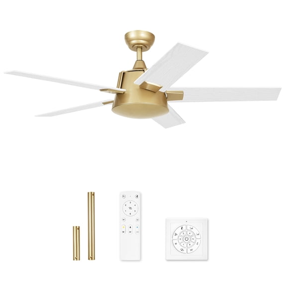 Dextrus 52in Modern Ceiling Fan with Wall Switch Remote, Quiet Reversible Motor, White Gold Ceiling Fan No Lights, 6-Speed 5 Blades Memory Function for Bedroom Living Room Patio Porch Gazebo