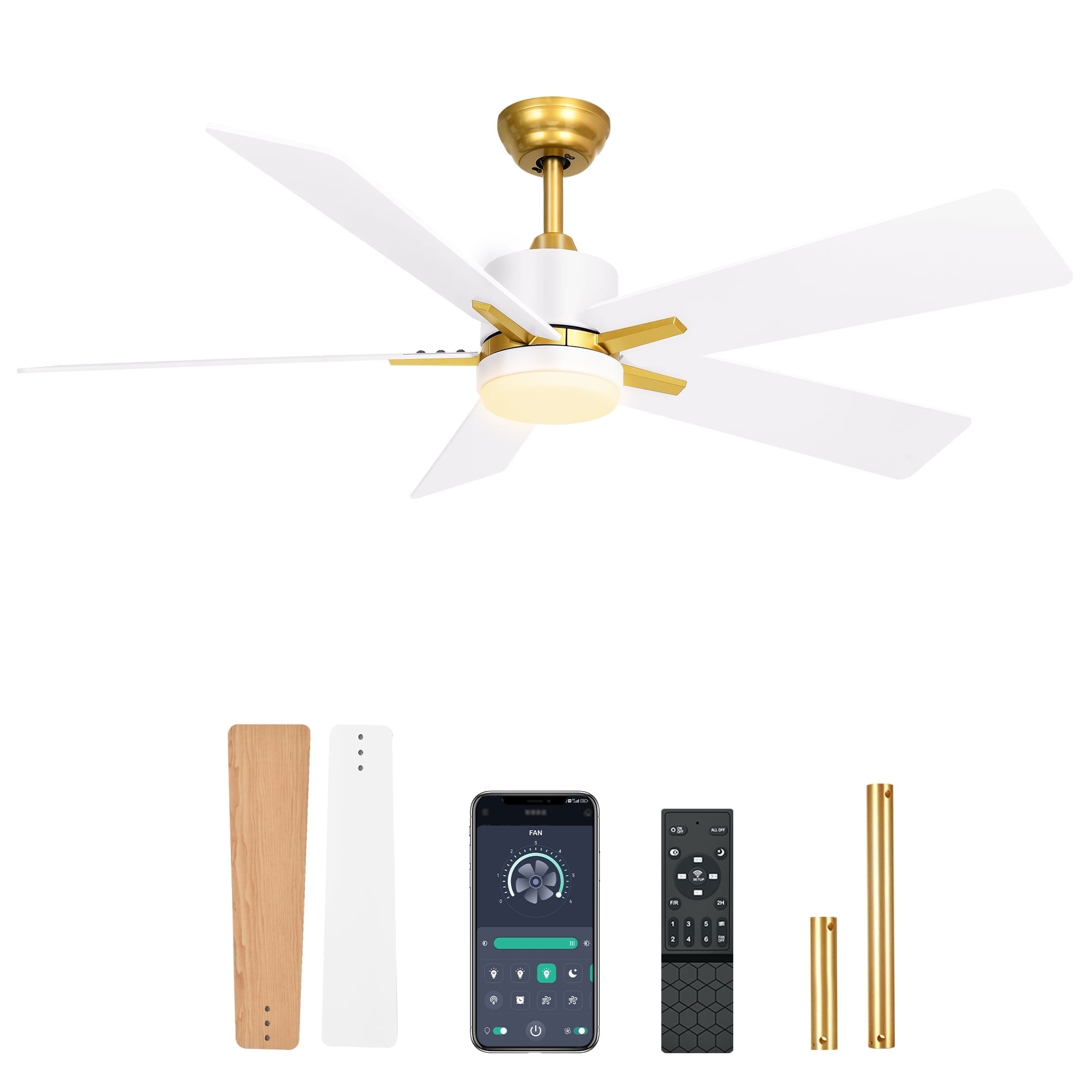 Dextrus 52in Modern White Gold Ceiling Fan with Light and and APP Control, Smart Ceiling Fan with 6-Speed 5 Blades