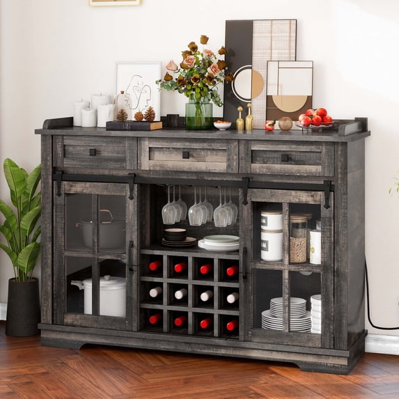 Dextrus 53" Buffet Sideboard with Sliding Door, Farmhouse Kitchen Storage Cabinet with Charging Station & Drawers & Wine Rack, Rustic Brown