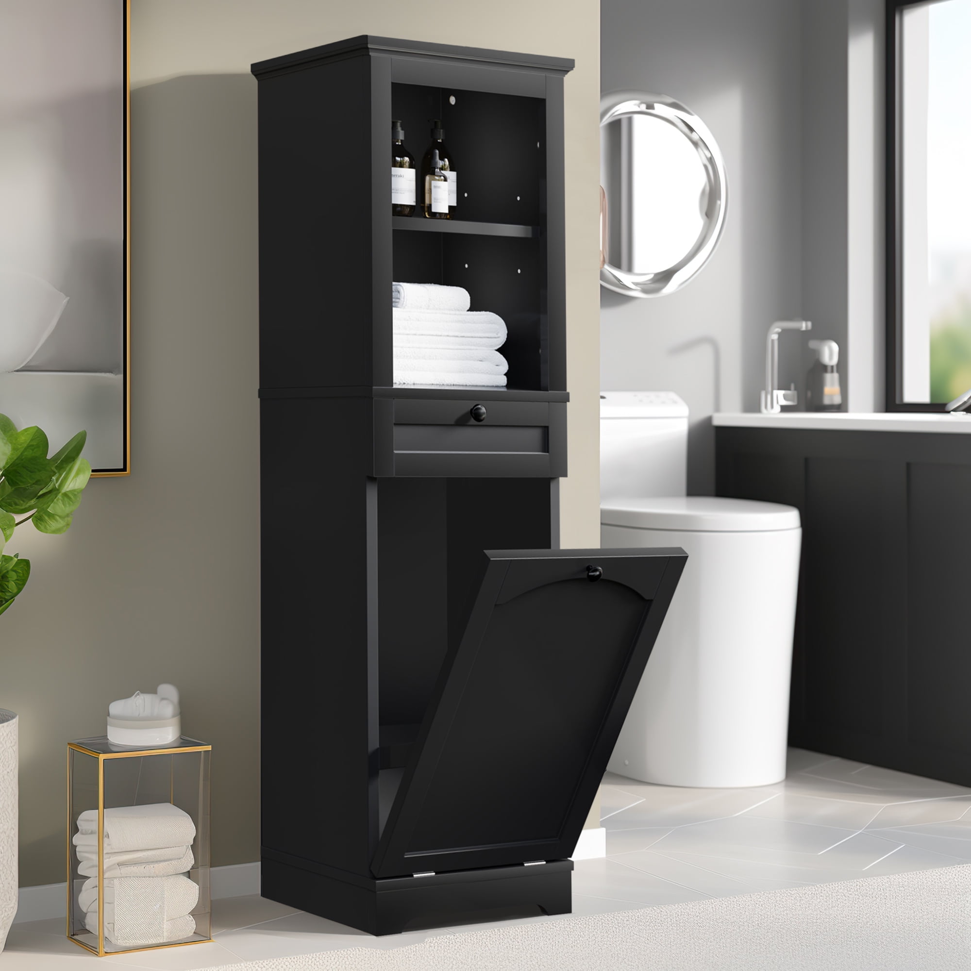 Dextrus 53 H Tilt Out Laundry Cabinet with Basket Freestanding Laundry Hamper Bathroom Storage Cabinet Unit with Drawer 2 Layer Open Shelf Black