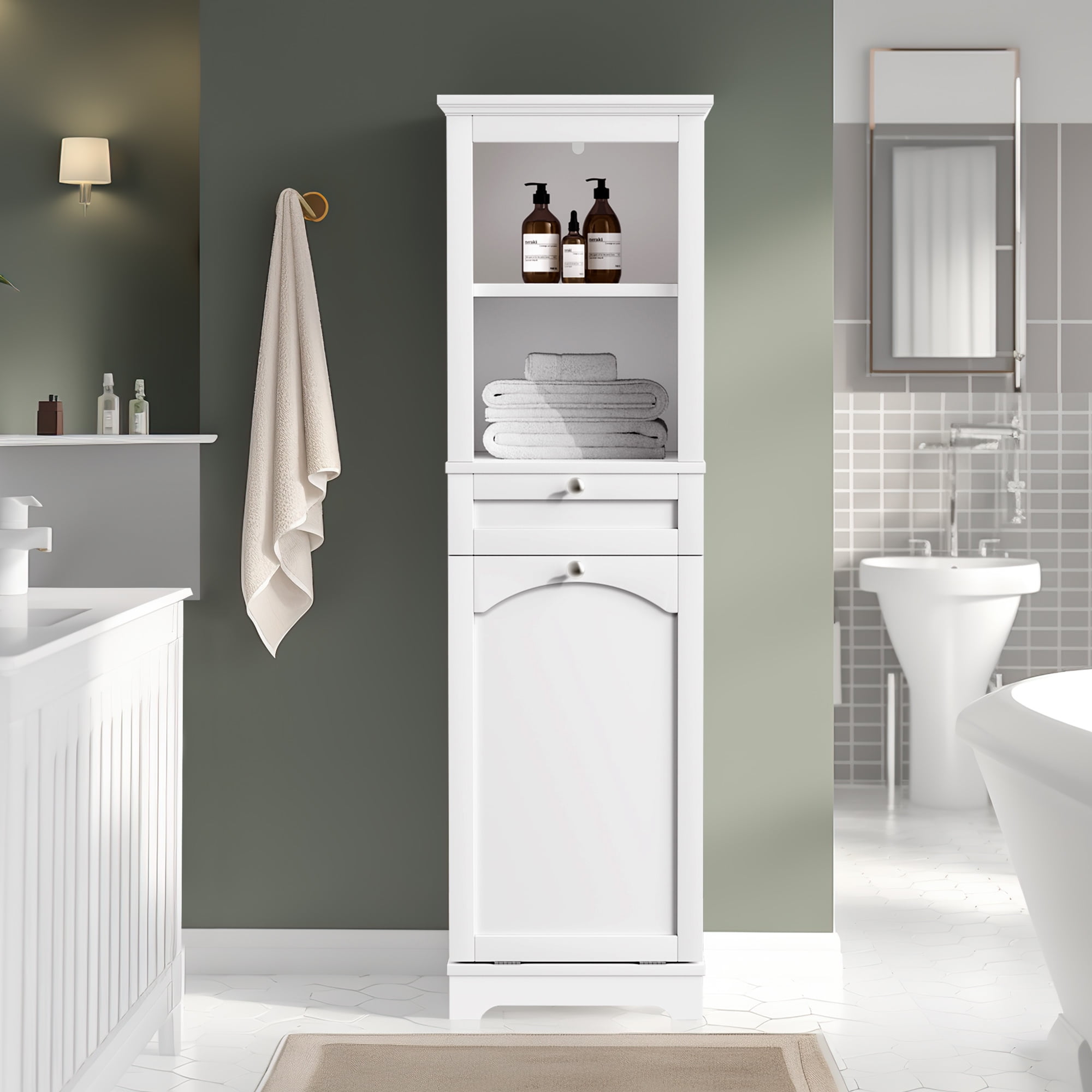 Freestanding linen cabinet with hamper deals