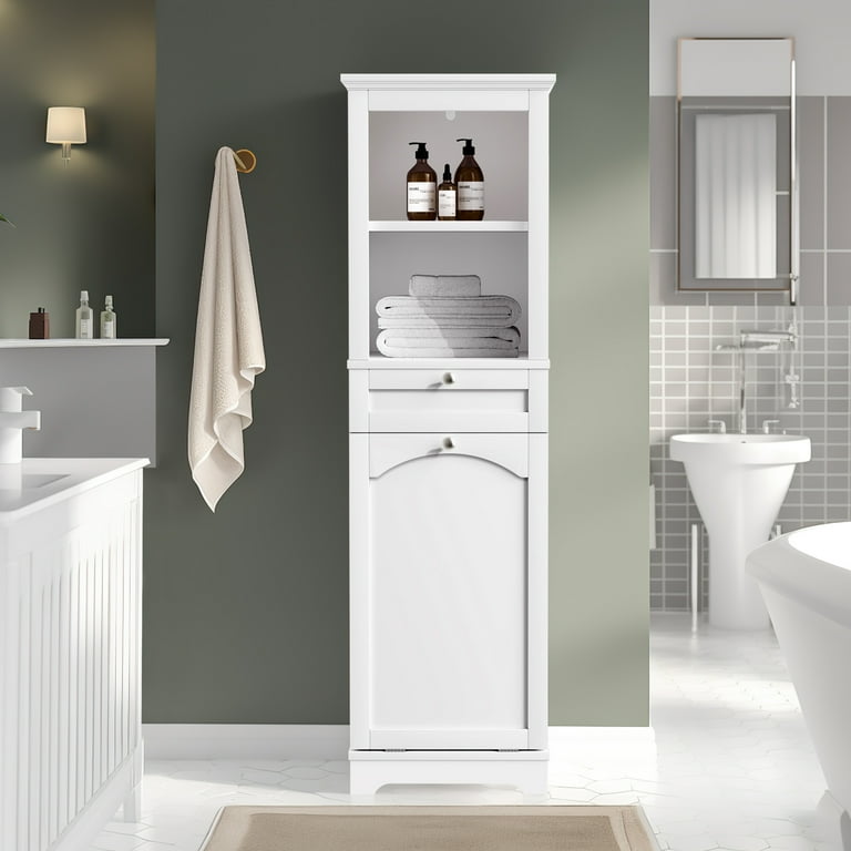 Dextrus 53 H Tilt Out Laundry Cabinet with Basket Freestanding Laundry Hamper Bathroom Storage Cabinet Unit with Drawer 2 Layer Open Shelf White