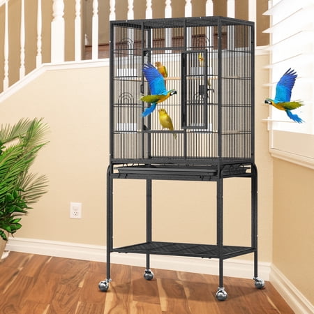 Dextrus 53" Metal Rolling Bird Cage with Stand, 4 Feeding Bowls, and 2 Perches, Ideal for Parakeet,Canary,Lovebird Pigeons, Parrotlet,Black