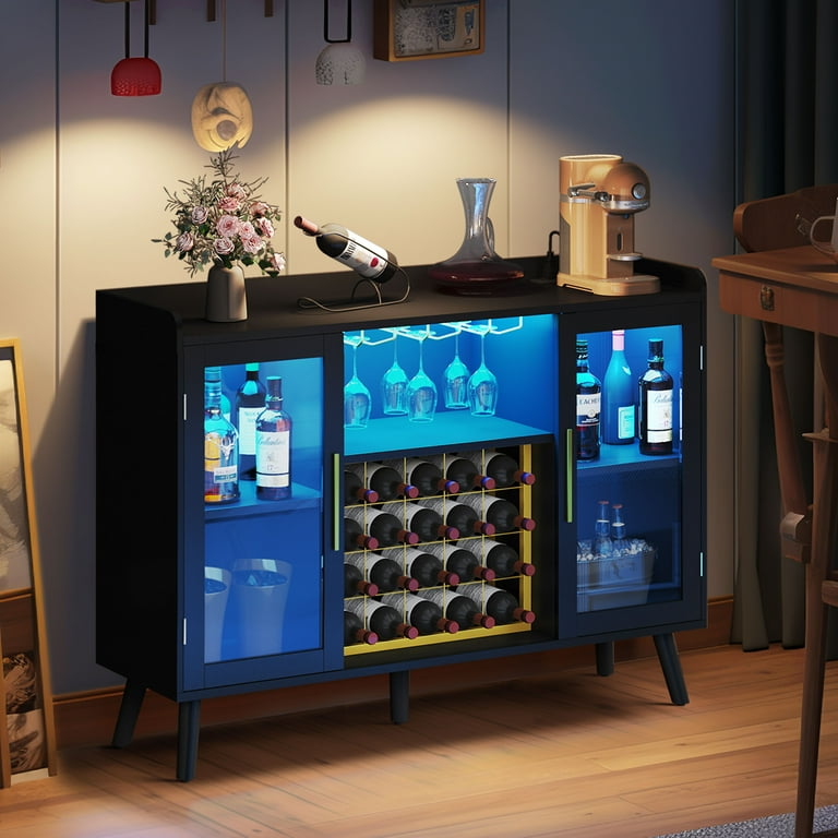 Dextrus 53 Wine Cabinet with Power Outlets Buffet Sideboard Cabinet with LED Lights Wine Rack Black Walmart