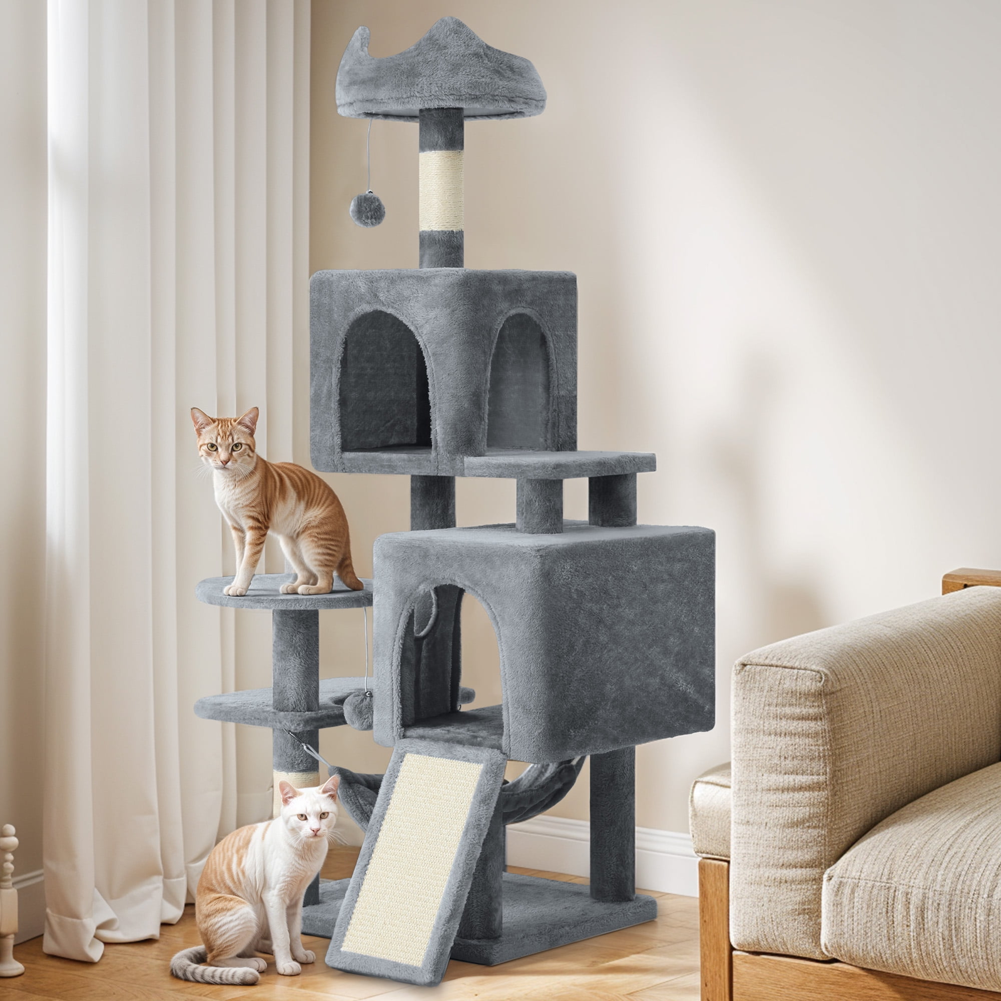 Dextrus 54" Multi-Level Cat Tree Tower with Cat Condos, Plush Top Perches, Hammocks, Sisal Scratching Post Board, Indoor Cat Activity Center,Dark Gray