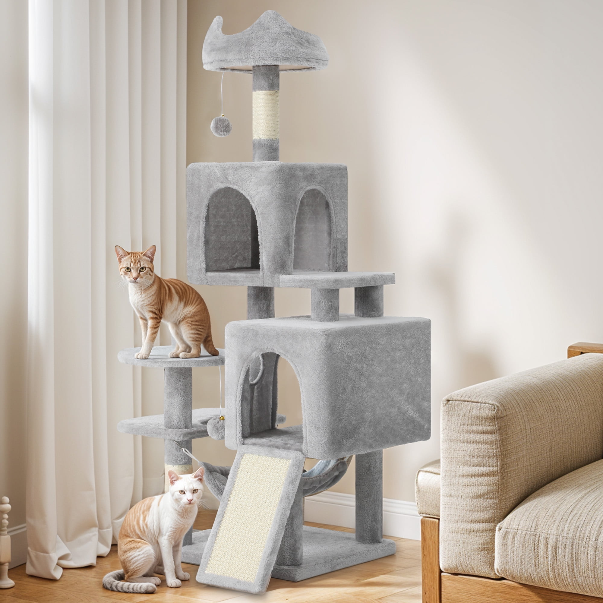 Dextrus 54" Multi-Level Cat Tree Tower with Cat Condos, Plush Top Perches, Hammocks, Sisal Scratching Post Board, Indoor Cat Activity Center,Light Gray