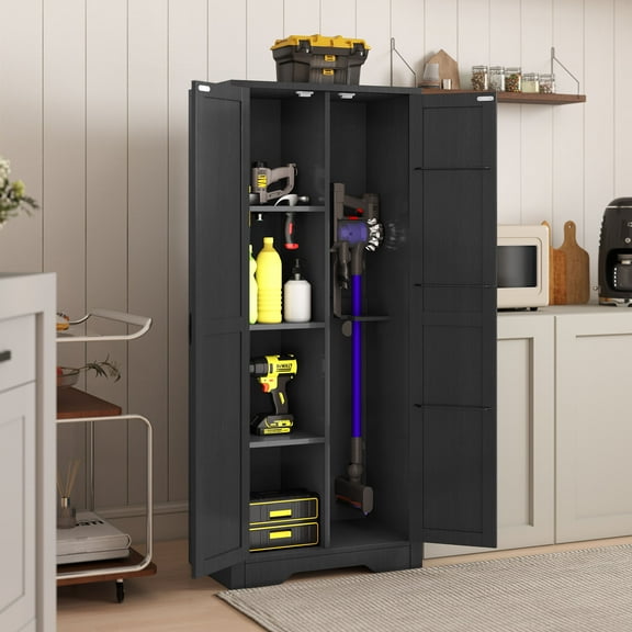 Dextrus 55.1" Broom Closet Storage Cabinet, Wood Storage Cabinet, Utility Cabinets for Brooms and Mops, Cleaning Tool Cabinets for Laundry Room, Garage, Bathroom