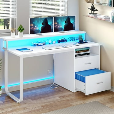 Dextrus 55" Computer Desk with Storage Drawers & LED Light, Office Desk with Monitor Stand & Power Outlets, Work Study PC Desk for Small Spaces, Home Office, White