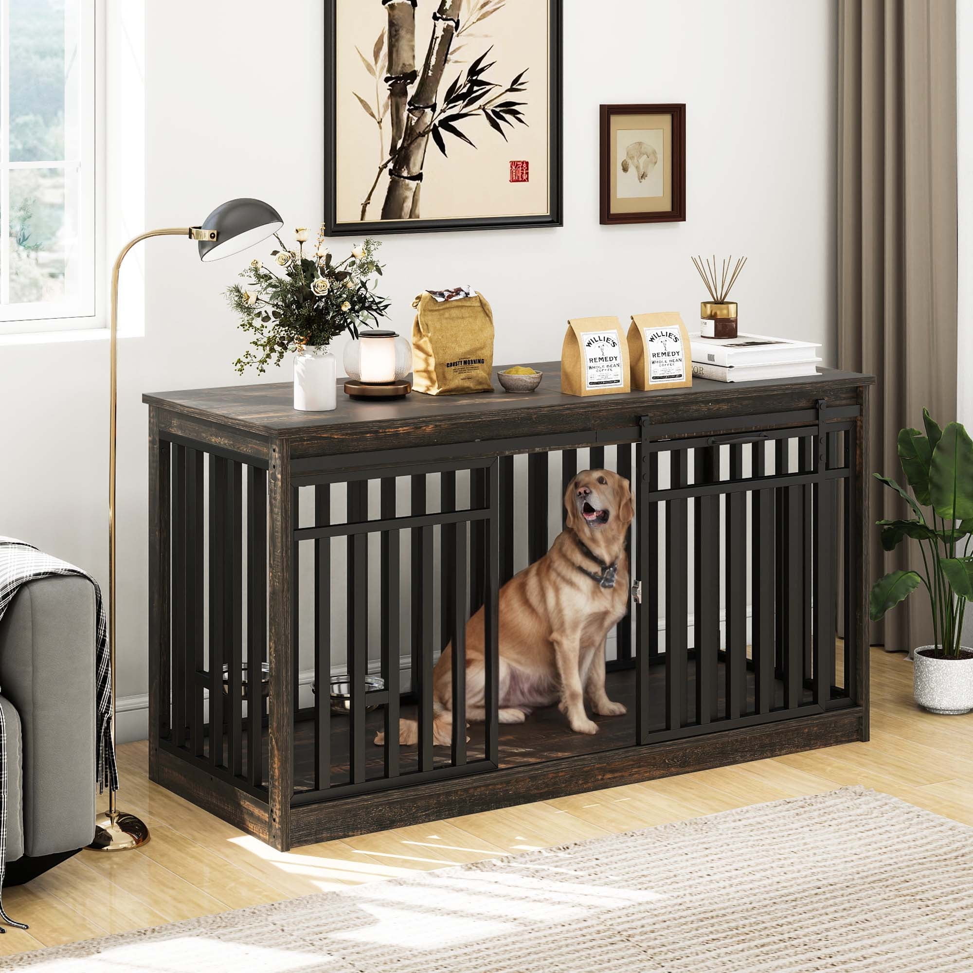 Dextrus 55" Extra Large Dog Crate Kennel Furniture with 2 Dog Bowl, Sliding Doors for Large Medium Dogs, Heavy Duty Wood TV Stand Dog Cage Table - Black Oak