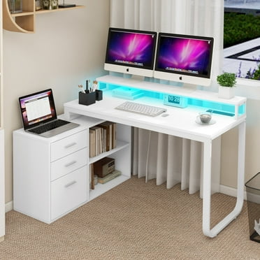 Dextrus 55" L Shaped Desk with Power Outlets and Monitor Stand , Computer Desk with LED Light &File Cabinet, Corner Desk with 3 Drawers, White Modern Home Office Desk, White