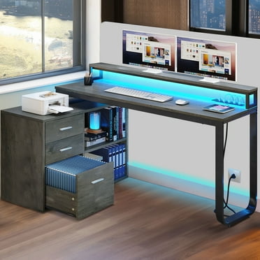 Dextrus 55" L Shaped Desk with Power Outlets and Monitor Stand , Computer Desk with LED Light &File Cabinet, Corner Desk with 3 Drawers, Gray
