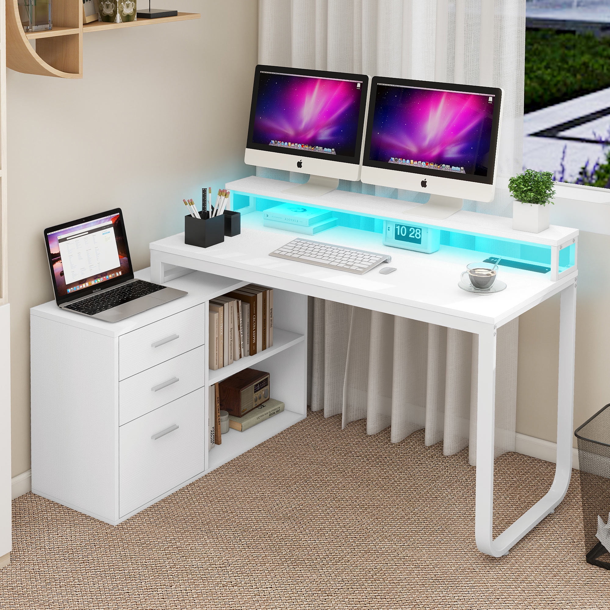 Dextrus 55 inch L Shaped Desk with Power Outlets and Monitor Stand Computer Desk with LED Light File Cabinet Corner Desk with 3 Drawers White