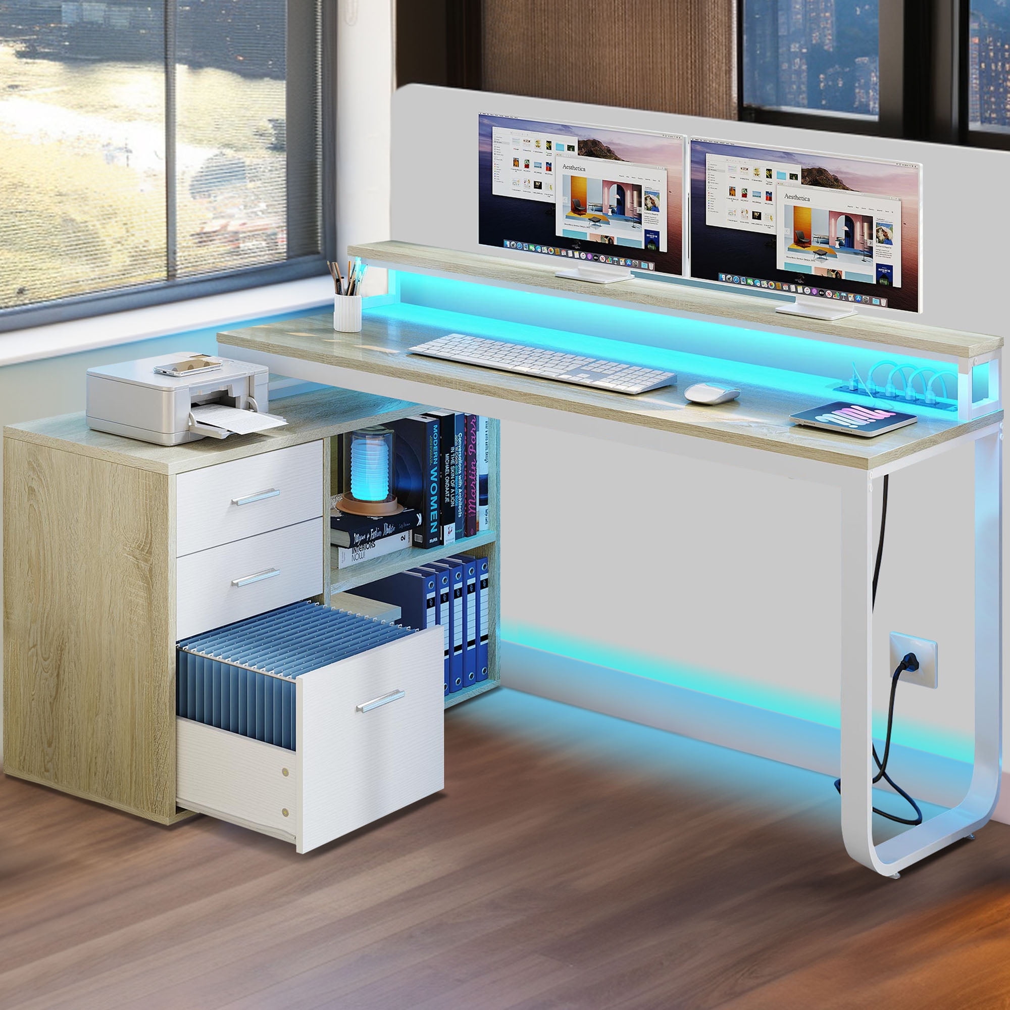 Dextrus 55" L Shaped Desk with Power Outlets and Monitor Stand , Computer Desk with LED Light &File Cabinet, Corner Desk with 3 Drawers, Oak & White
