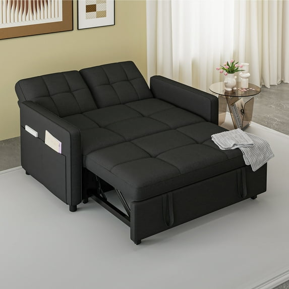 Dextrus 55" Modern Convertible Sofa Bed with Pull Out Bed, Upholstered Loveseat Sofa Couch with Adjustable Backrest, Black