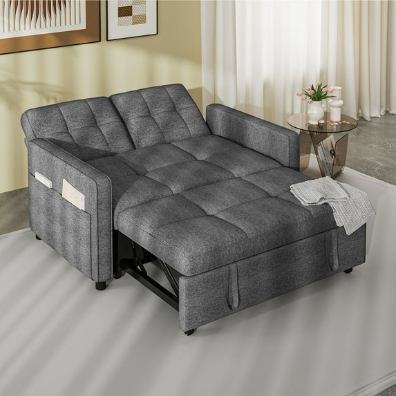 Dextrus 55" Modern Convertible Sofa Bed with Pull Out Bed, Upholstered Loveseat Sofa Couch with Adjustable Backrest, Gray