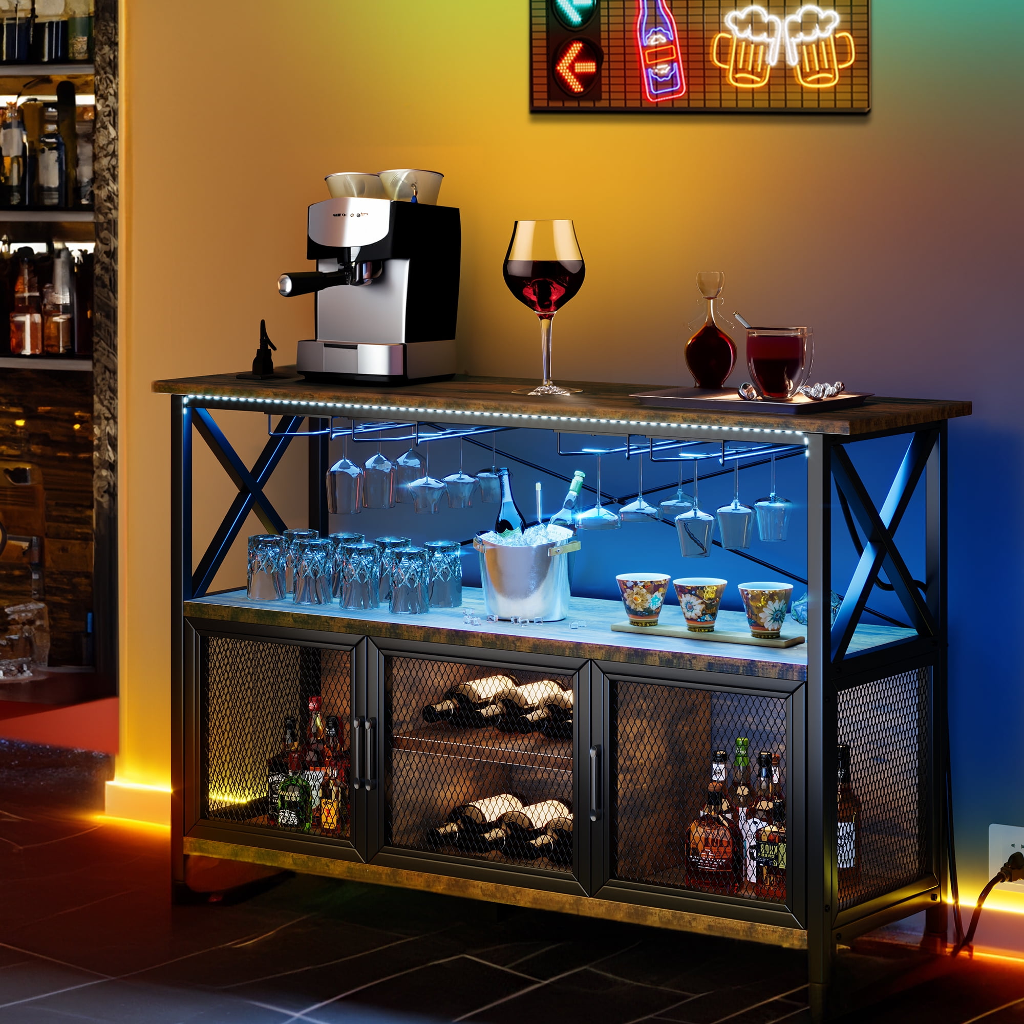 Dextrus 55" Wine Bar with LED Lights Power Outlets, Industrial Coffee Bar with