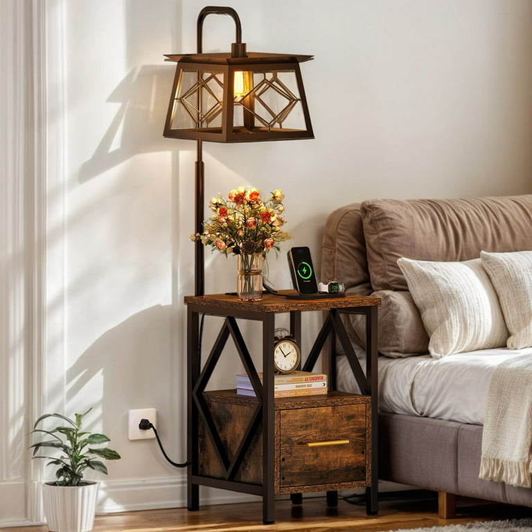 Black Wood Floor Lamp With Circular Usb Charging Station Shelf Black Wood Floor Lamp With Circular Usb Charging Station Shelf