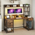 thumbnail image 1 of Dextrus 59.1"Computer Desk with Power Outlets & Hutch, Office Desk with Storage Shelves & Drawers with Lock, Gaming Desk with LED Lights & Monitor Stand, Brown, 1 of 18