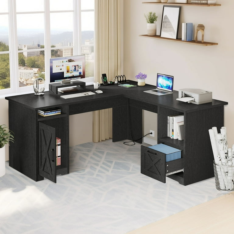 Dextrus 59 inch L Shaped Desk with Power Outlet USB Ports Office Desk with File Cabinets Large Computer Desk with Drawers 2 Person Corner Desk Writing Desk with Storage Shelves Black