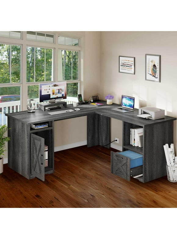 Dextrus 59 Inch L-Shaped Desk with Power Outlet & USB Ports, Office Desk with File Cabinets, Large Computer Desk with Drawers, 2 Person Corner Desk Writing Desk with Storage Shelves, Gray