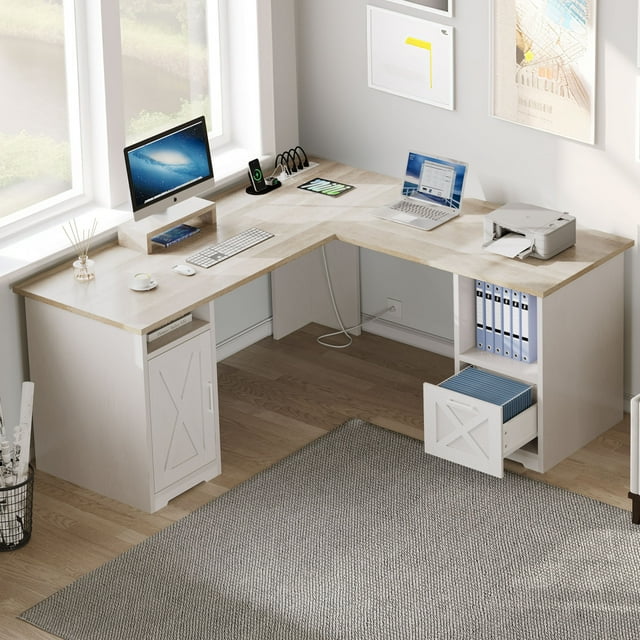 Dextrus LShaped Desk, Oak & White, with Power Outlets, USB Ports, File & Storage