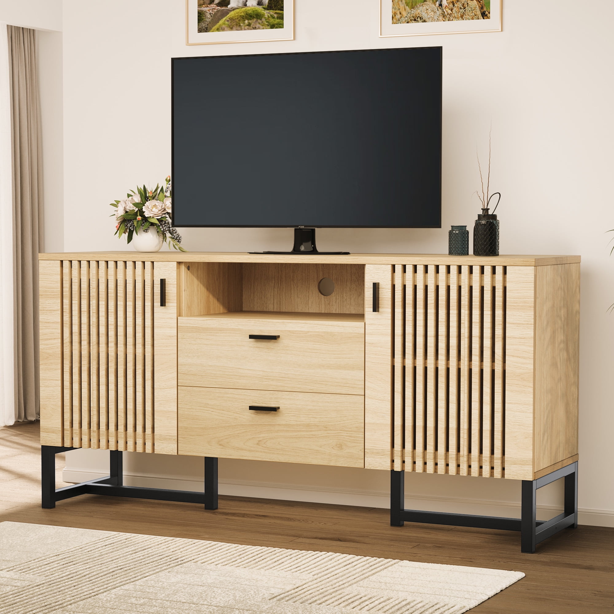 Dextrus 59'' Mid-Century Wood TV Stand Console Media Cabinet with Storage, Entertainment Center for Living Room, Bedroom