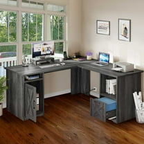 Dextrus 59 inch L-Shaped Desk with Power Outlet & USB Ports, Office Desk with File Cabinets, Large Computer Desk with Drawers, 2 Person Corner Desk Writing Desk with Storage Shelves, Gray