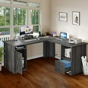 Dextrus 59 inch L-Shaped Desk with Power Outlet & USB Ports, Office Desk with File Cabinets, Large Computer Desk with Drawers, 2 Person Corner Desk Writing Desk with Storage Shelves, Gray