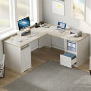 Dextrus 59 inch L-Shaped Desk with Power Outlet & USB Ports, Office Desk with File Cabinets, Large Computer Desk with Drawers, 2 Person Corner Desk Writing Desk with Storage Shelves, Oak & White
