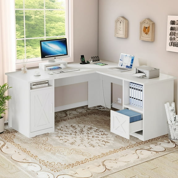 Dextrus 59 inch L-Shaped Desk with Power Outlet & USB Ports, Office Desk with File Cabinets, Large Computer Desk with Drawers, 2 Person Corner Desk Writing Desk with Storage Shelves, White