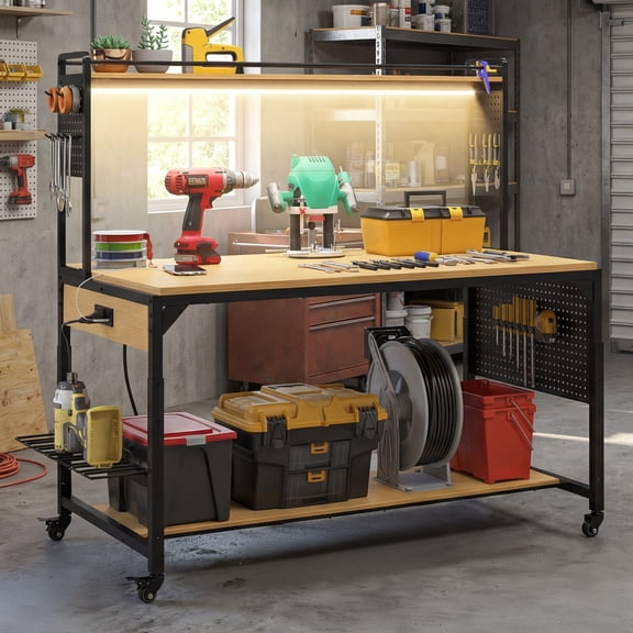 Dextrus 59" x 31" Adjustable Heavy Duty Workbench with Wheels, Pegboard, Storage Shelf, 1100 lb Load Capacity, AC/USB Outlets, LED Light and Hooks for Garage, Workshop and Home