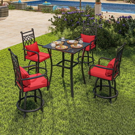 Dextrus 5Pcs Patio Swivel Bar Set, 32" Square Patio Bar Table (Umbrella Hole and Rhombus Back) and 4 Cushioned Swivel Bar Stools, Metal Patio Bar Set Ideal for Patio Lawn Garden Porch, Black