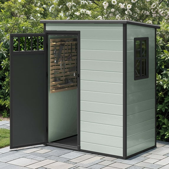 Dextrus 5x3FT Outdoor Storage Shed with Windows, Floor, Lockable Doors, Waterproof Plastic, Blue Gray