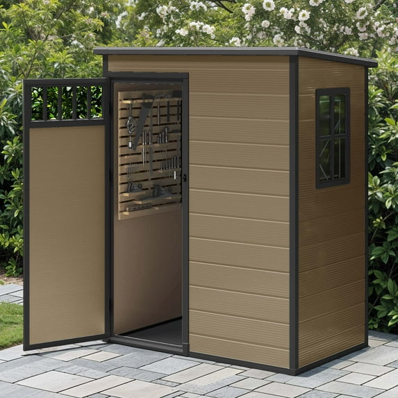 Dextrus 5x3FT Outdoor Storage Shed with Windows, Floor, Lockable Doors, Waterproof Plastic, Brown