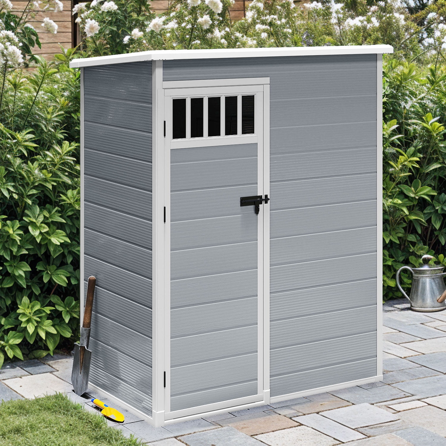 Dextrus 5x3FT Outdoor Storage Shed with Windows, Floor, Lockable Doors, Waterproof Plastic, Gray