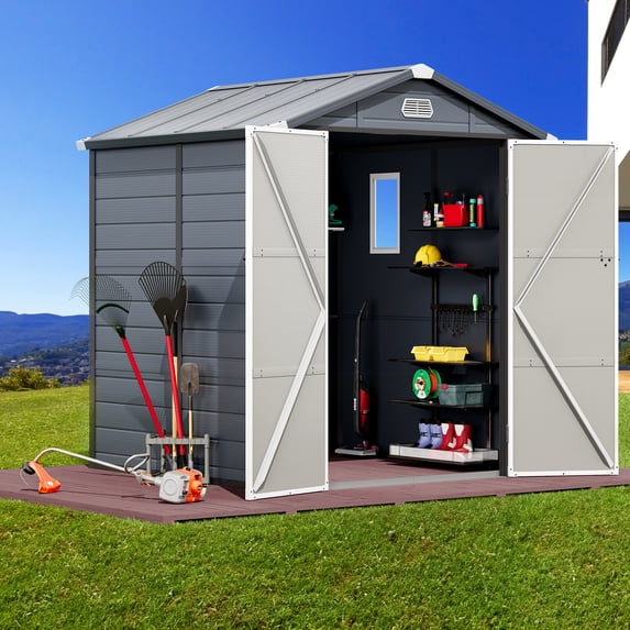 Dextrus 6.3x6.2ft Outdoor Resin Storage Shed with Windows,Vents,and Secure Doors,All-Weather Plastic Storage Unit for Poolside,Lawn,Backyard,and Patio