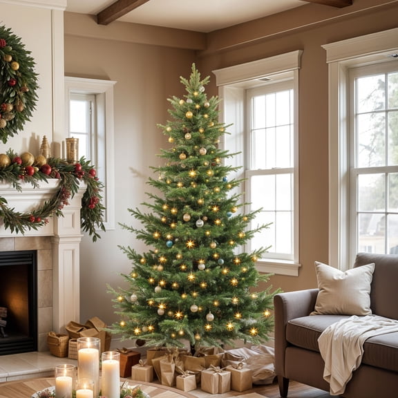 Dextrus 6.5ft Pre-Lit Artificial Christmas Tree, Layered Aspen Fir Christmas Tree with 900 PE & PVC Branch Tips & 500 Lights, Remote Control,11 Modes, Green