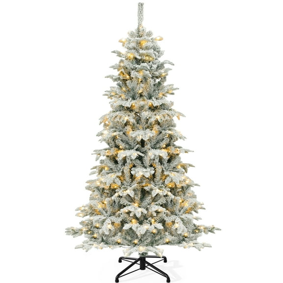 Dextrus 6.5ft Pre-Lit Snow Flocked Artificial Christmas Tree,Layered Artificial Christmas Tree with 760 PE & PVC Mixed Branch Tips and 350 Lights, for Home, Office, and Party Decor