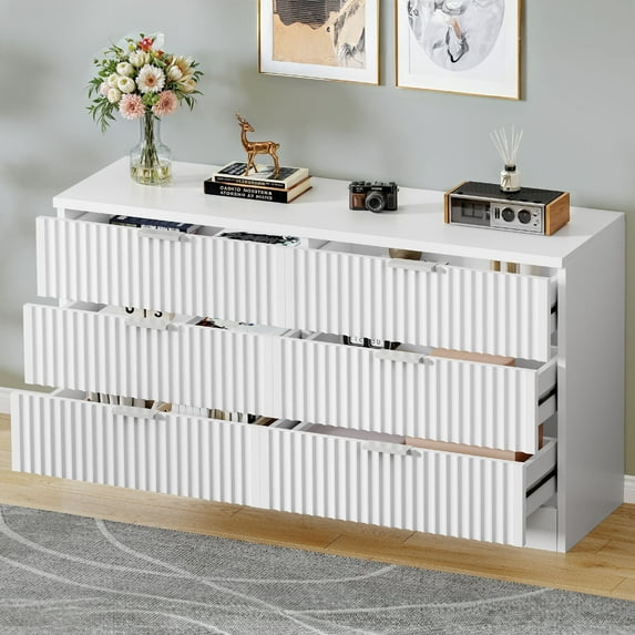 Dextrus 6-Drawer Double Dresser, MDF Fluted Chest of Drawers Storage Cabinet, White