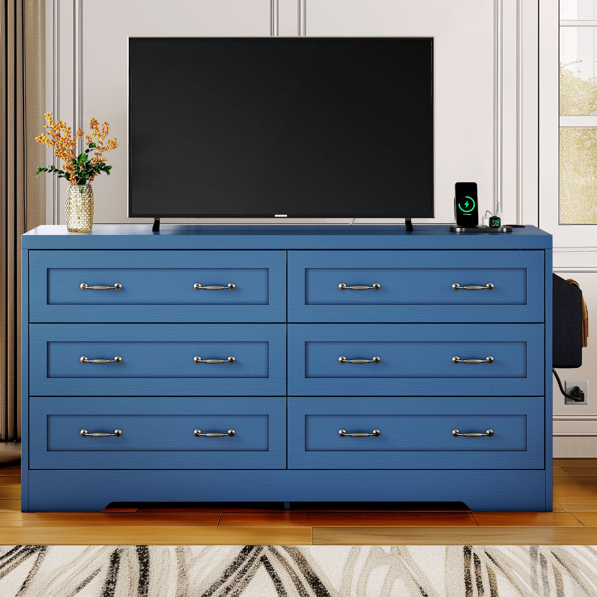 Dextrus 6 Drawer Dresser with Handles Power Outlets Wood Storage Cabinet Chest of Drawers Blue