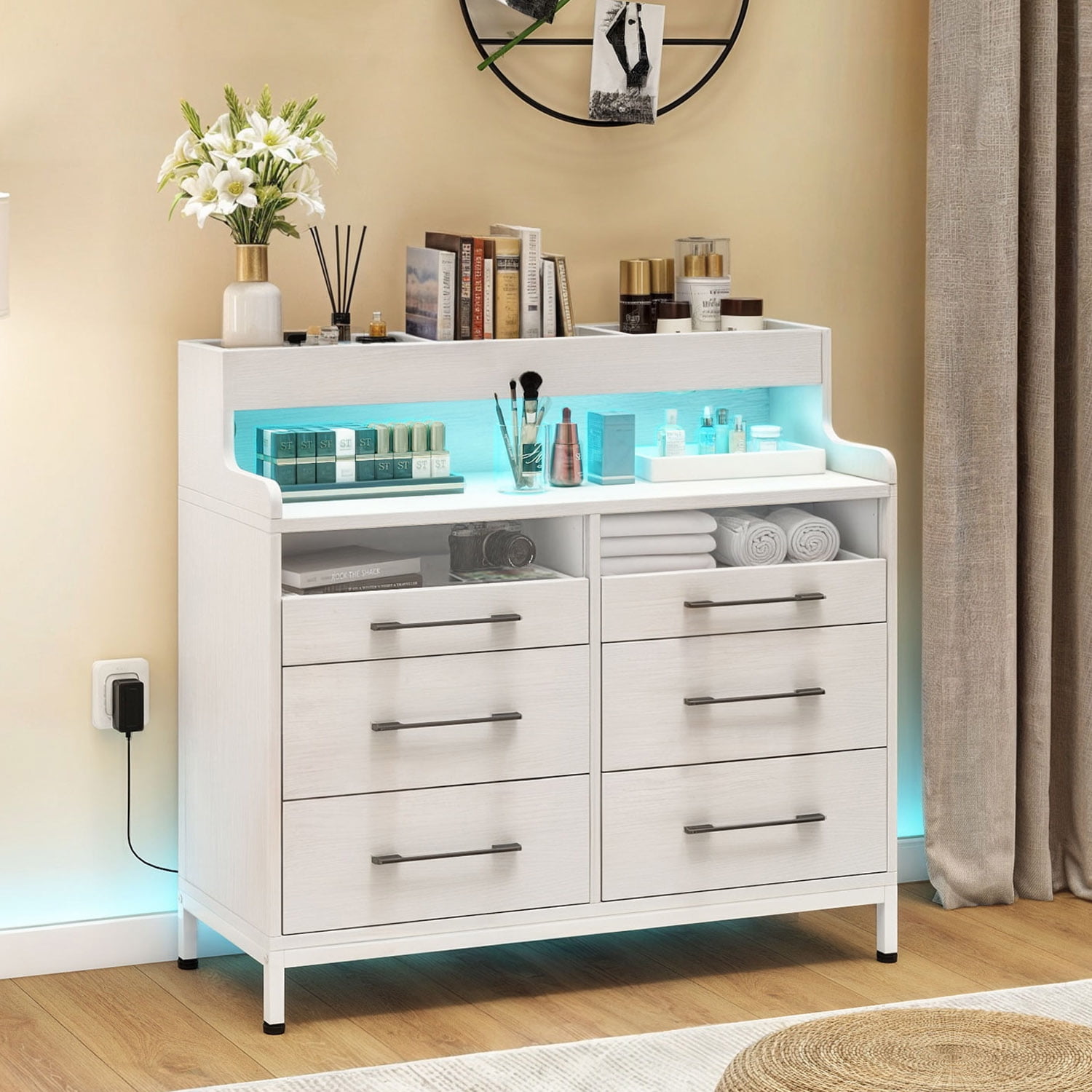 Dextrus 6-Drawer Dresser for Bedroom, Modern Chest of Drawers with LED Light, Open Storage, Organizer, Adult, White