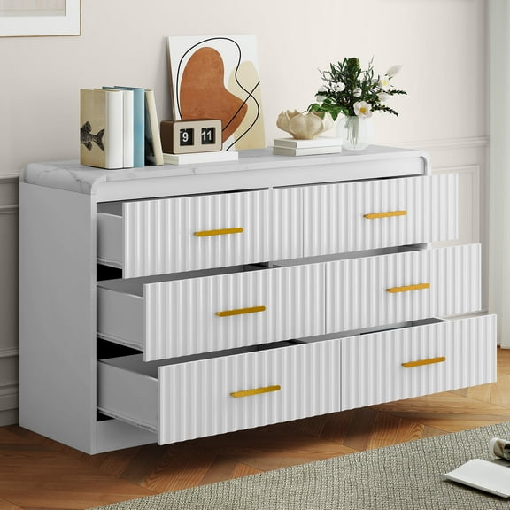 Dextrus 6-Drawer Dresser, Wood Chest of Drawers with Metal Handles, Bedside Night Stand for Bedroom, White